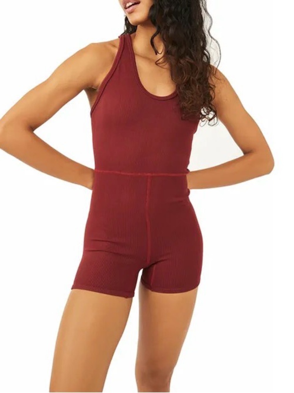 Free People Movement Ribbed Romper M/L Burgundy Cross Back Activewear